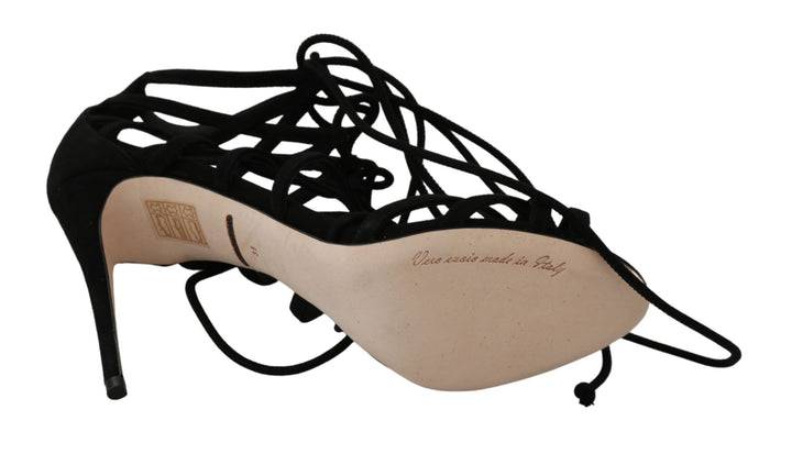 Elegante schwarze Stiletto-Sandalen mit Knöchelriemen aus Wildleder