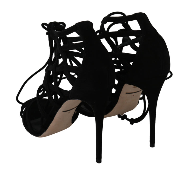 Elegante schwarze Stiletto-Sandalen mit Knöchelriemen aus Wildleder