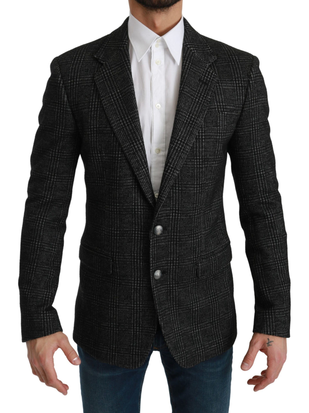 Eleganter grauer karierter Blazer in schmaler Passform