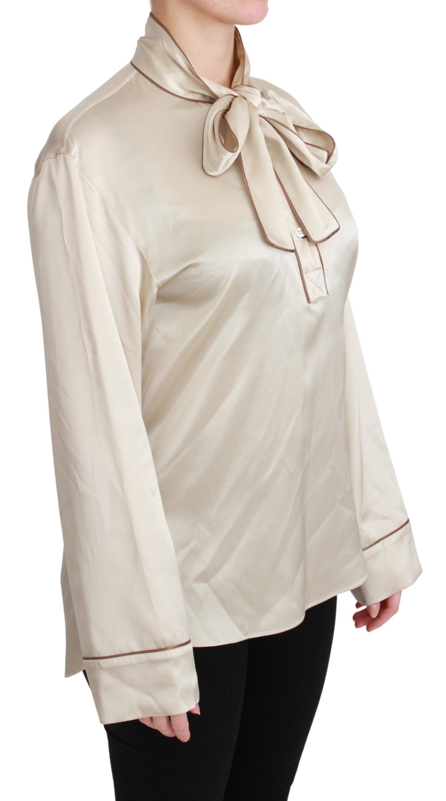 Elegant beige silk satin blouse with QUEEN embroidery