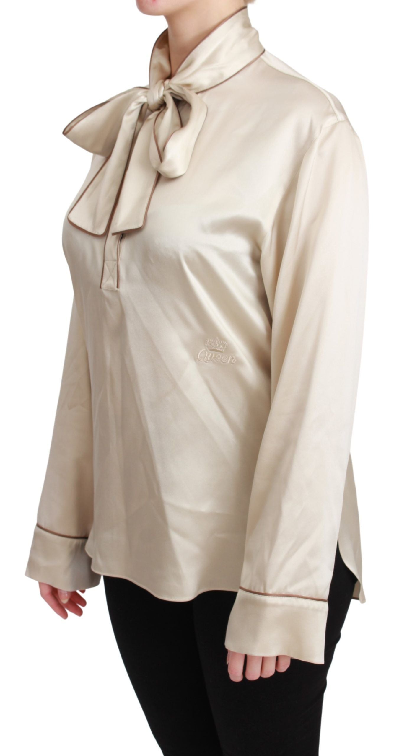 Elegant beige silk satin blouse with QUEEN embroidery