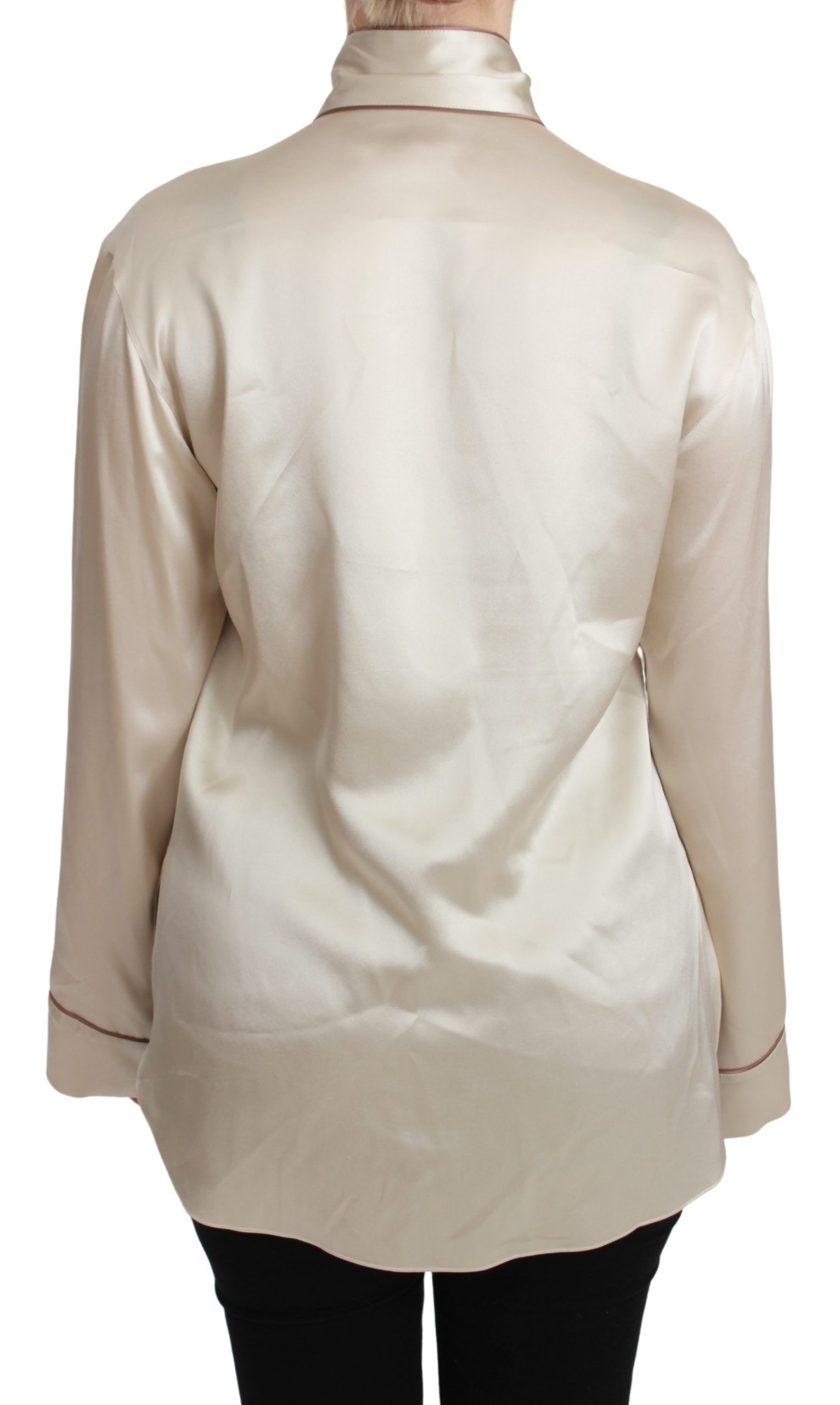 Elegant beige silk satin blouse with QUEEN embroidery