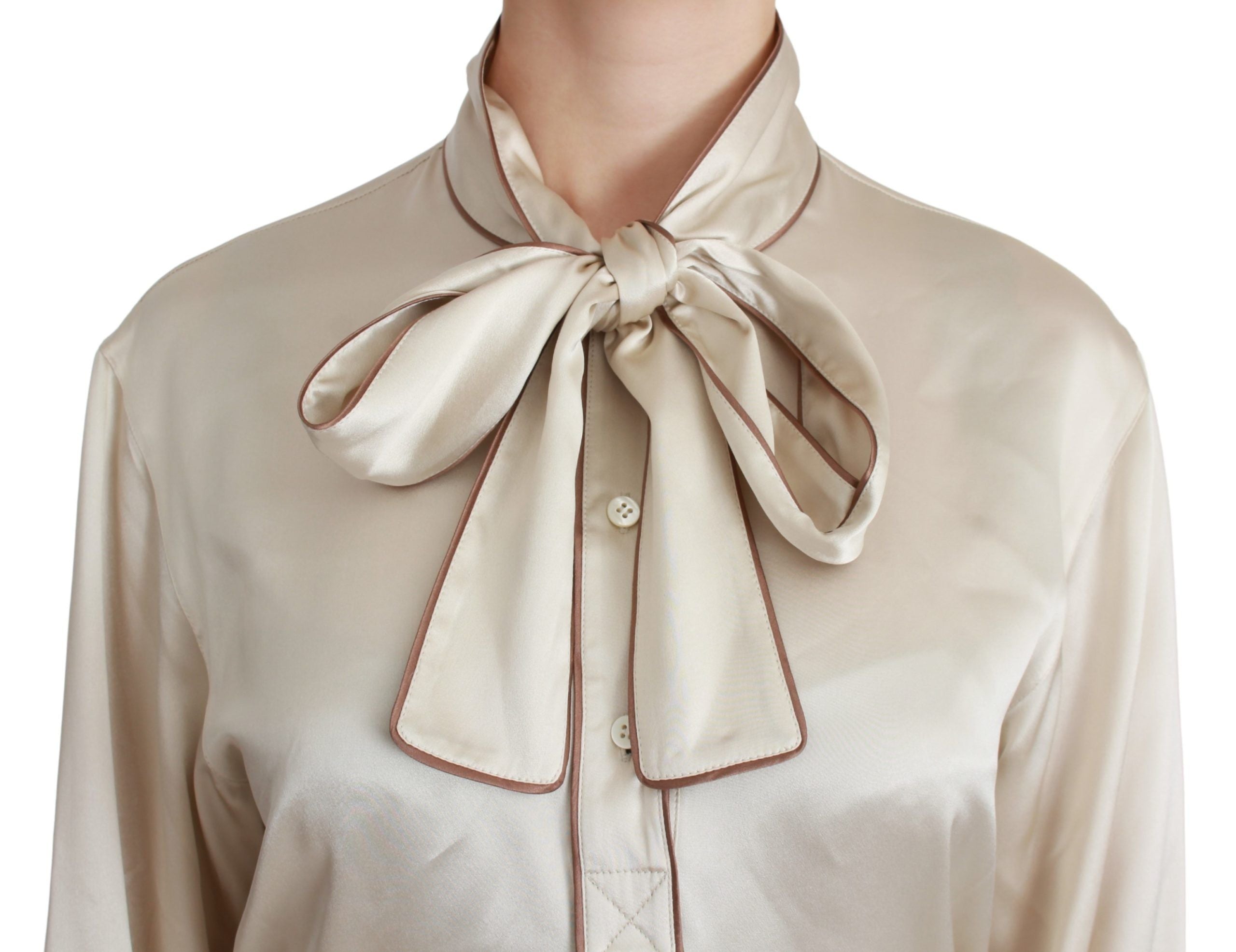 Elegant beige silk satin blouse with QUEEN embroidery