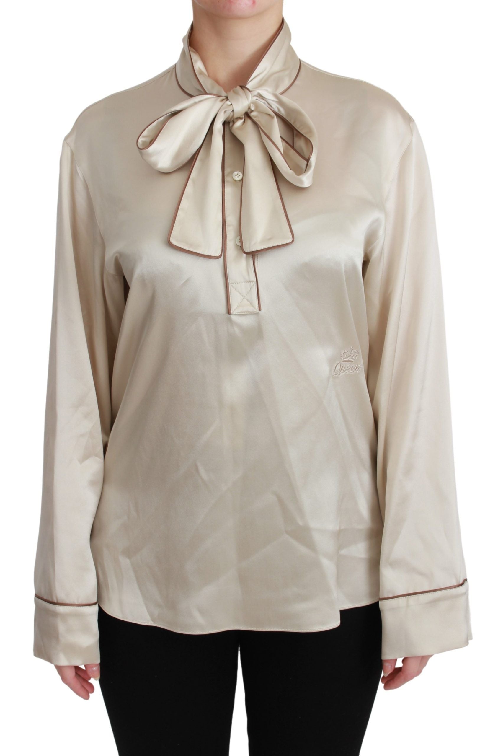 Elegant beige silk satin blouse with QUEEN embroidery