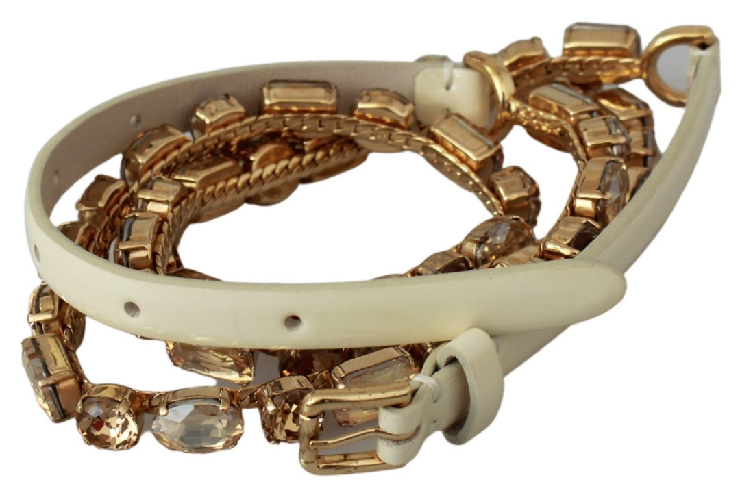 Champagne-colored, crystal-embellished leather belt