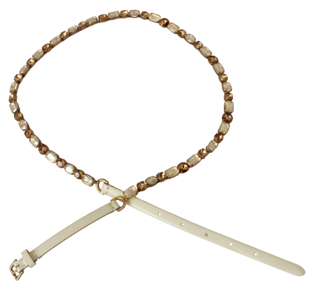 Champagne-colored, crystal-embellished leather belt