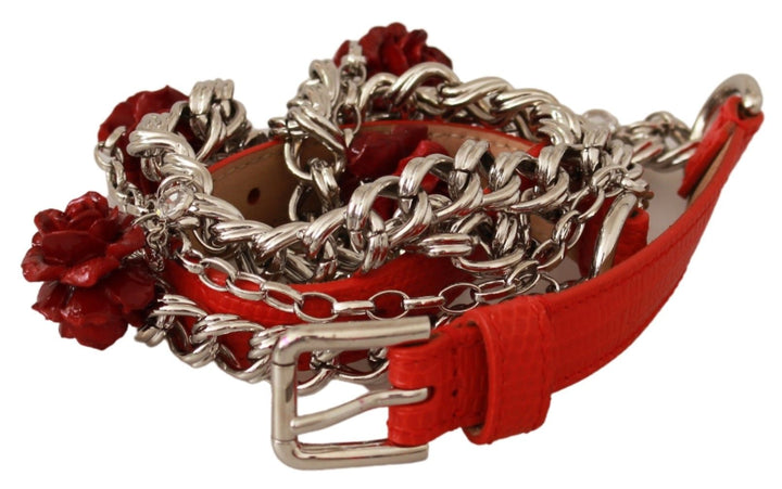 Elegant waist belt with floral rose in bright red