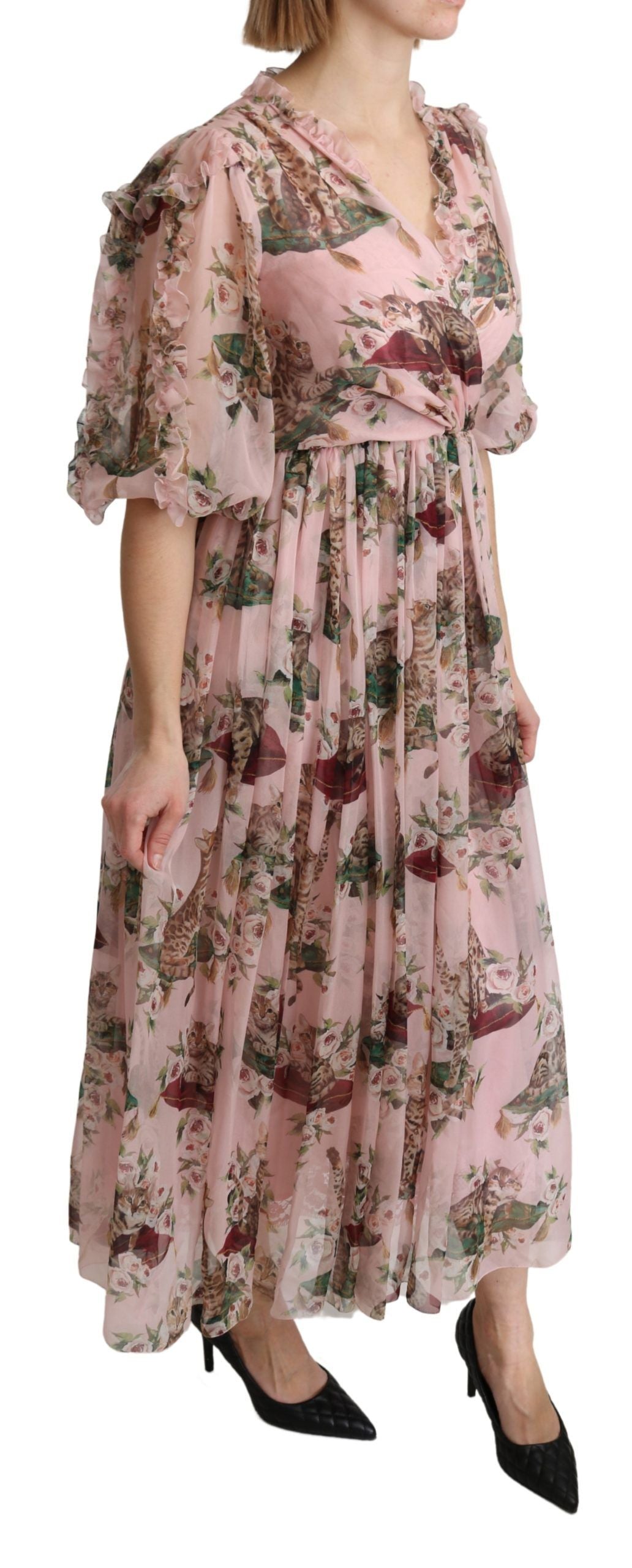 Elegantes Rosa Bengalkatzen-Print Maxikleid in A-Linie