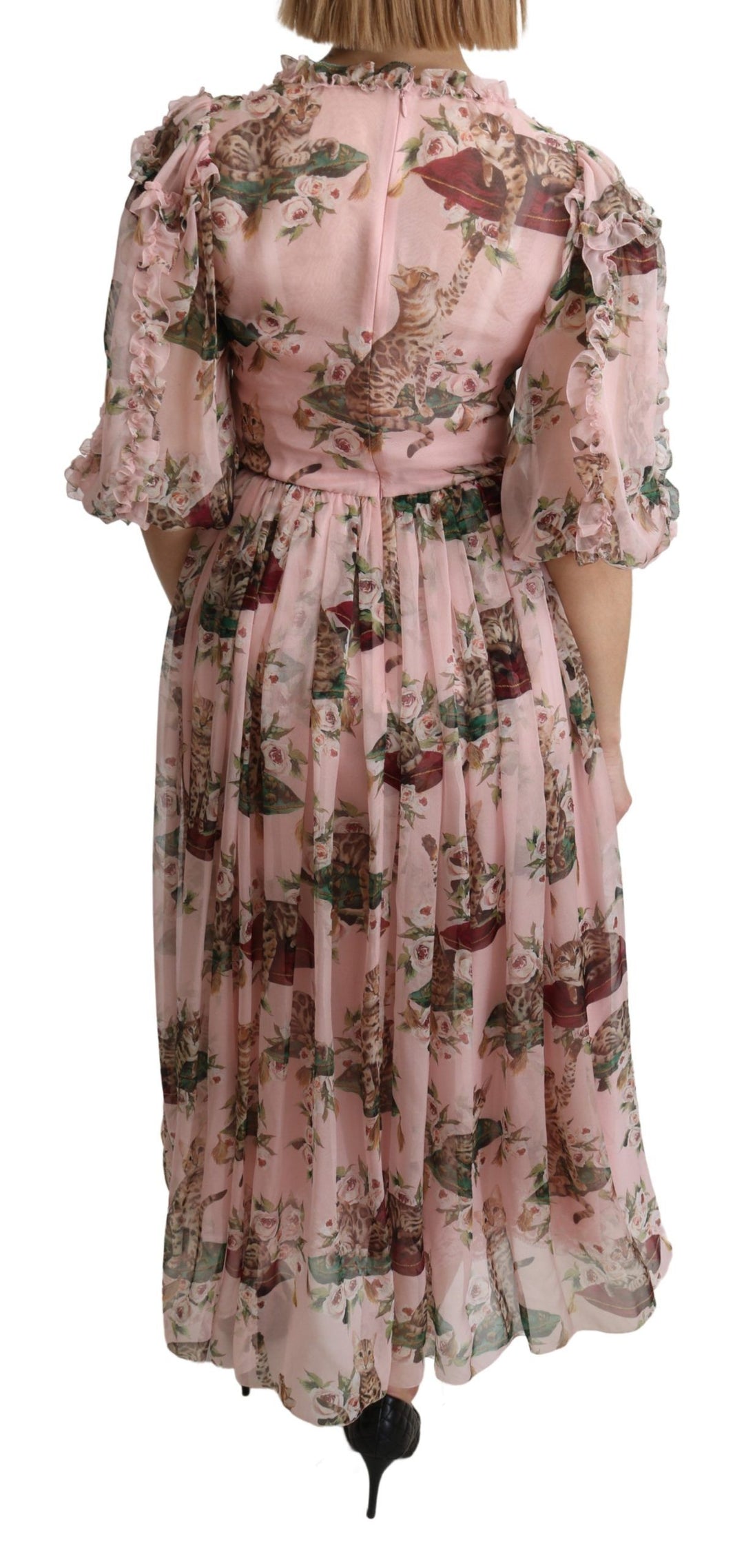 Elegantes Rosa Bengalkatzen-Print Maxikleid in A-Linie