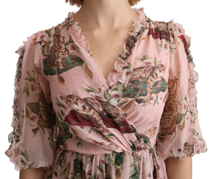 Elegantes Rosa Bengalkatzen-Print Maxikleid in A-Linie