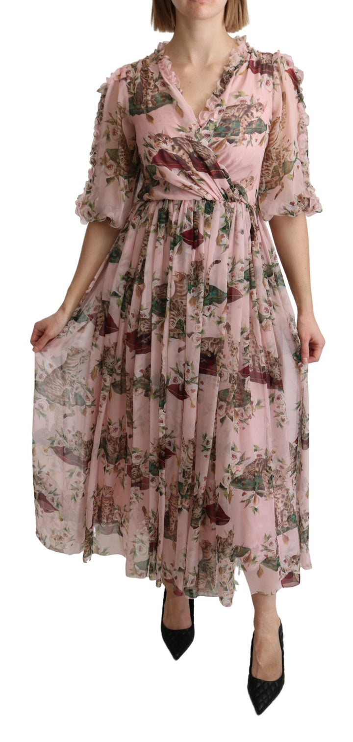 Elegantes Rosa Bengalkatzen-Print Maxikleid in A-Linie