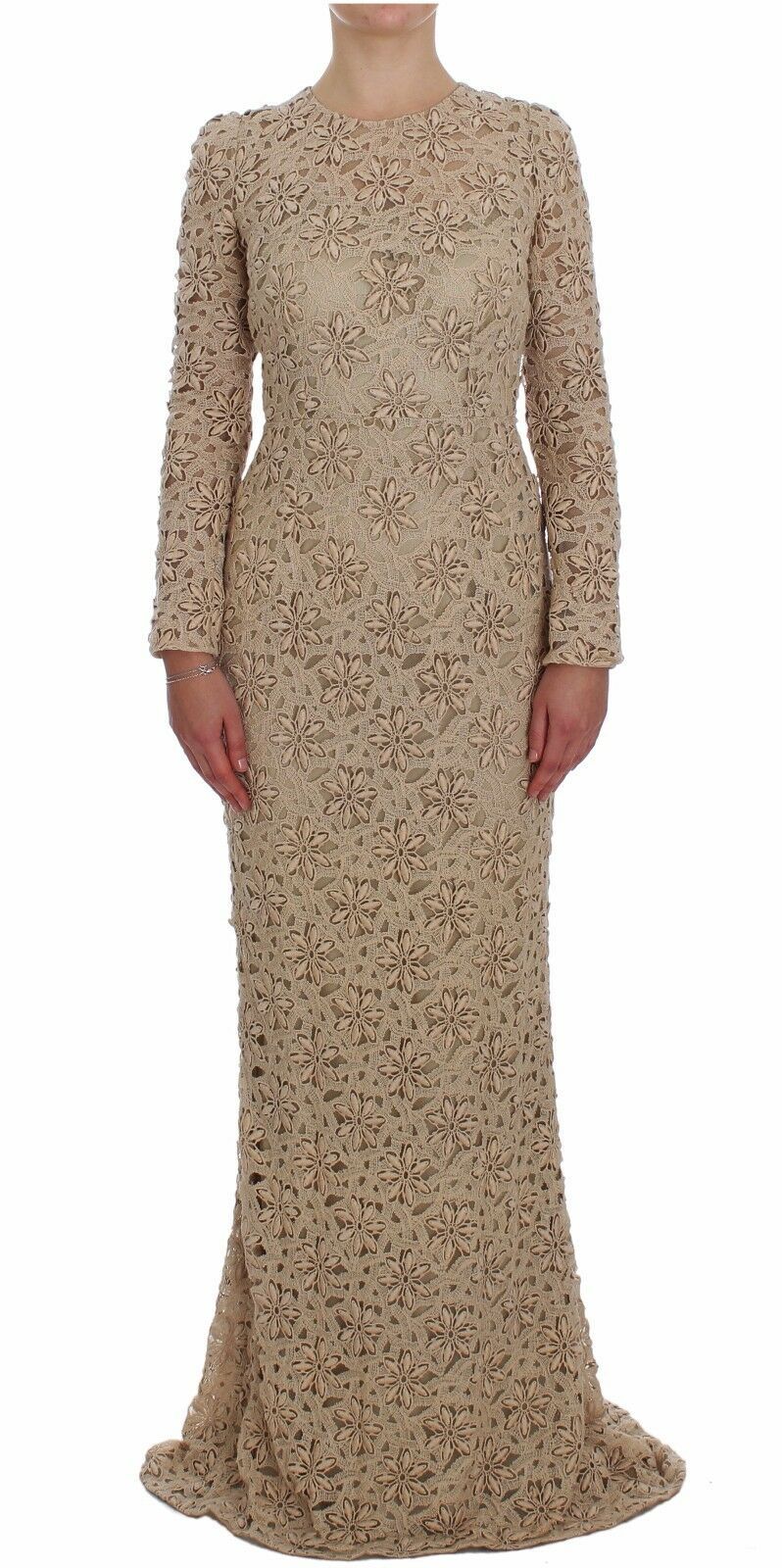 Beige long-sleeved maxi dress with floral lace