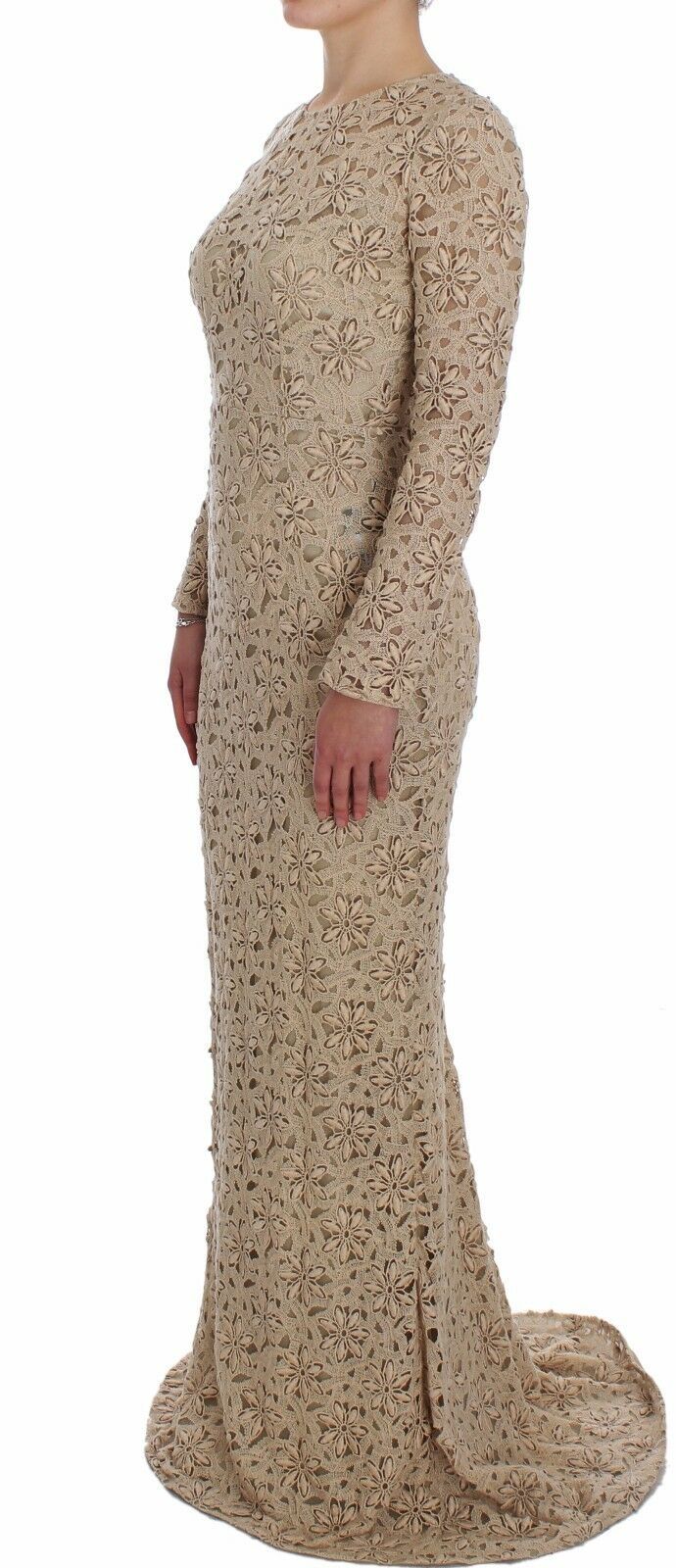 Beige long-sleeved maxi dress with floral lace