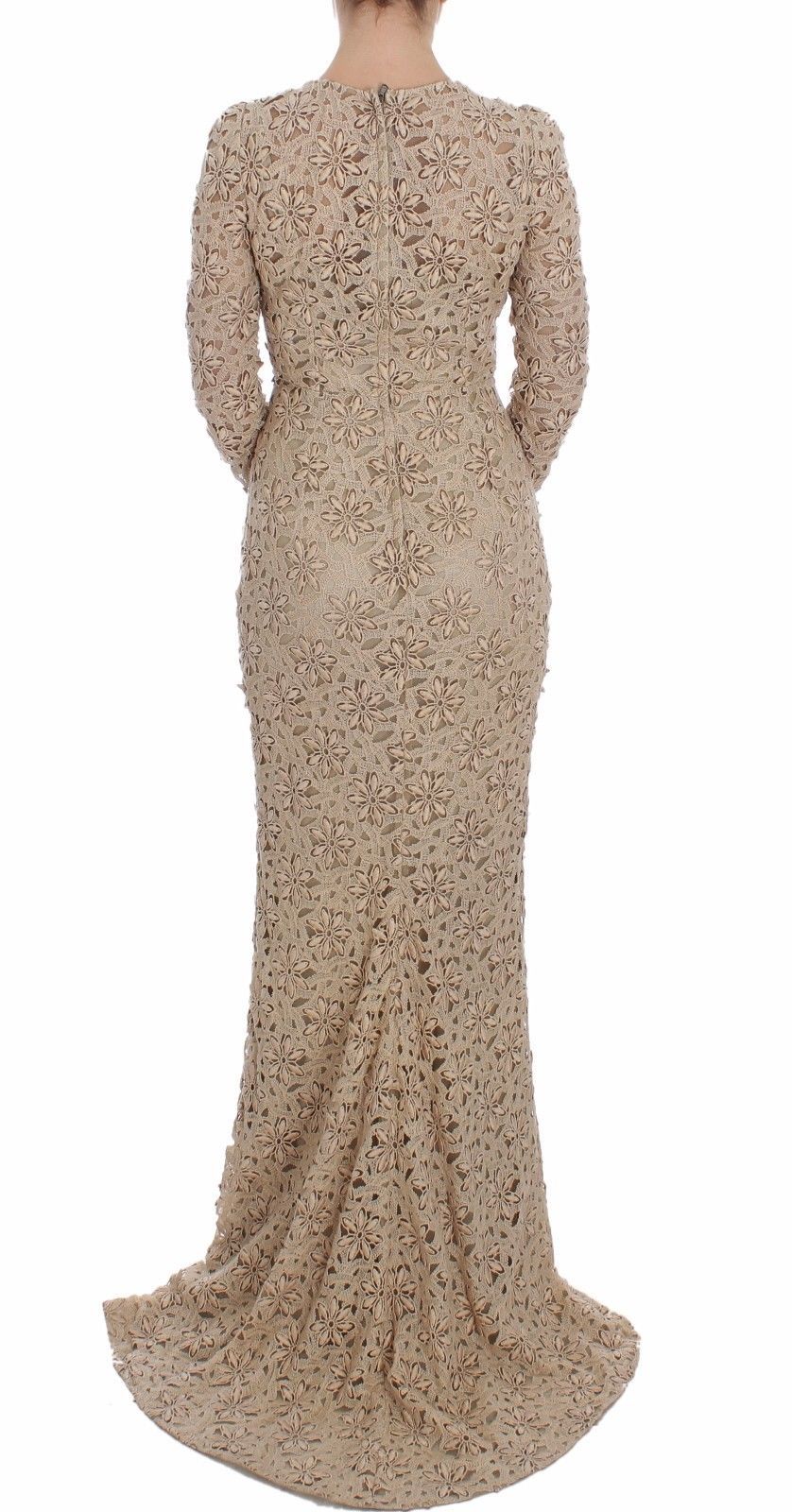 Beige long-sleeved maxi dress with floral lace