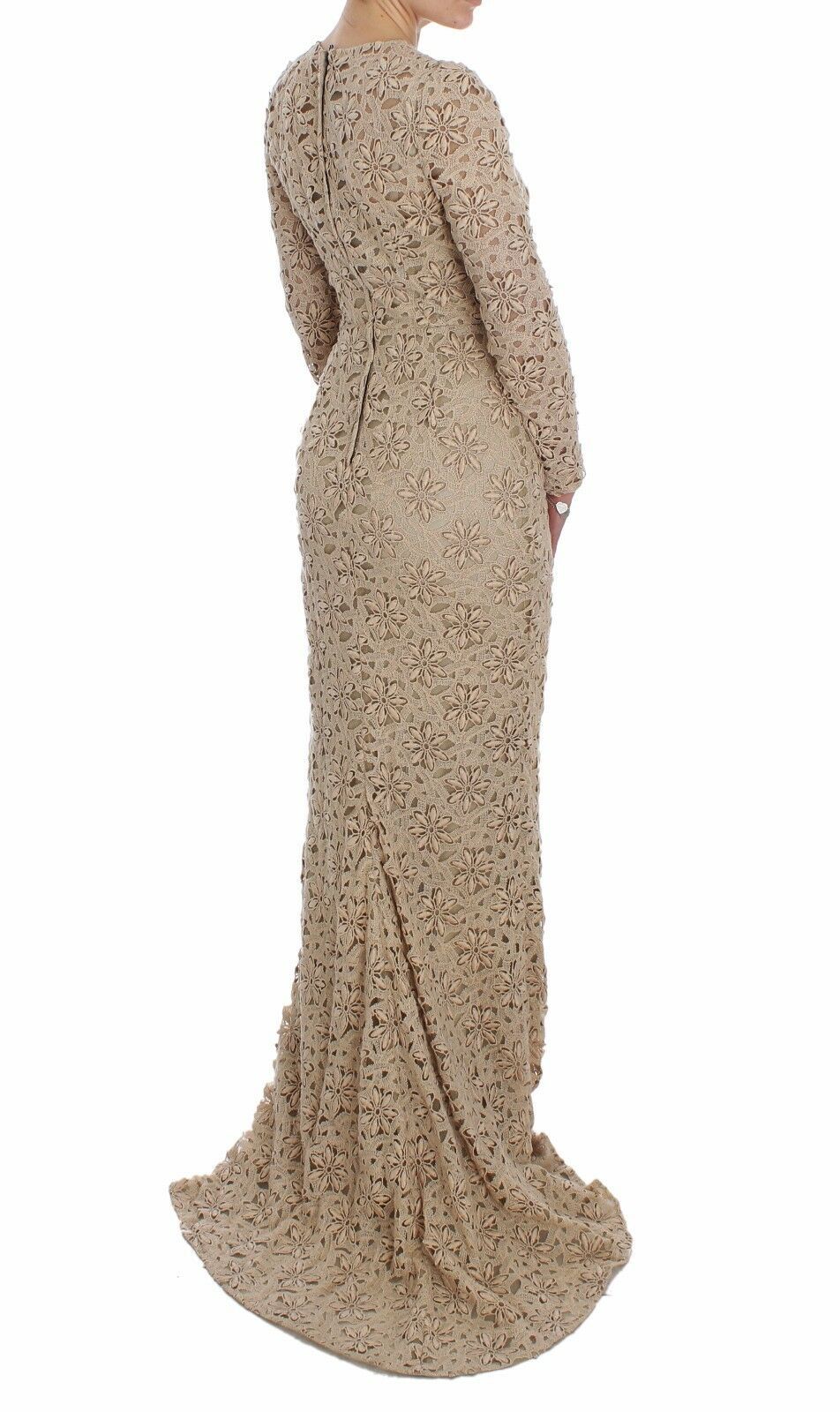 Beige long-sleeved maxi dress with floral lace