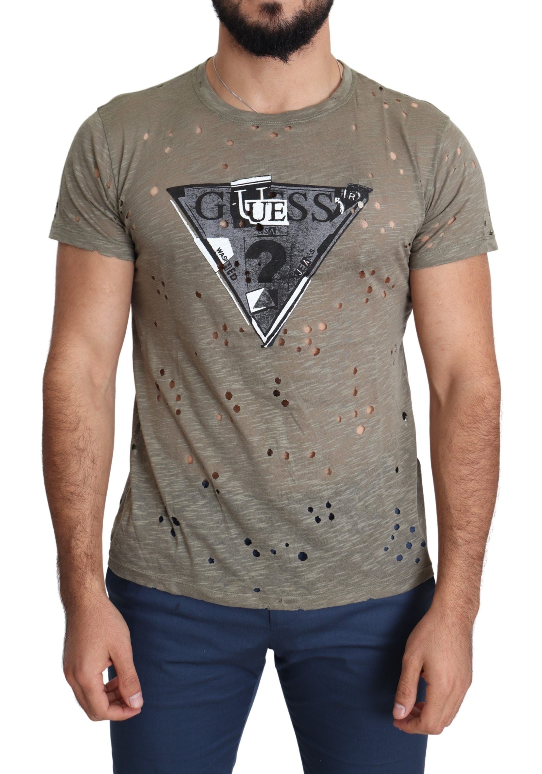 Braunes Baumwoll-Stretch-T-Shirt mit Logodruck für Männer Casual Perforated T-Shirt