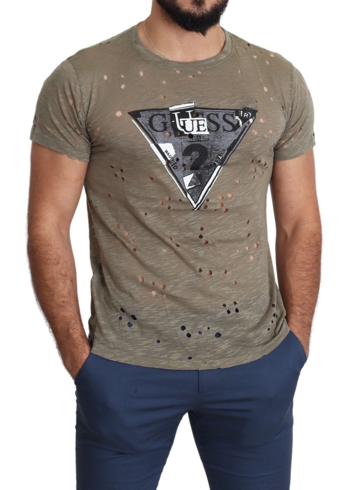 Braunes Baumwoll-Stretch-T-Shirt mit Logodruck für Männer Casual Perforated T-Shirt