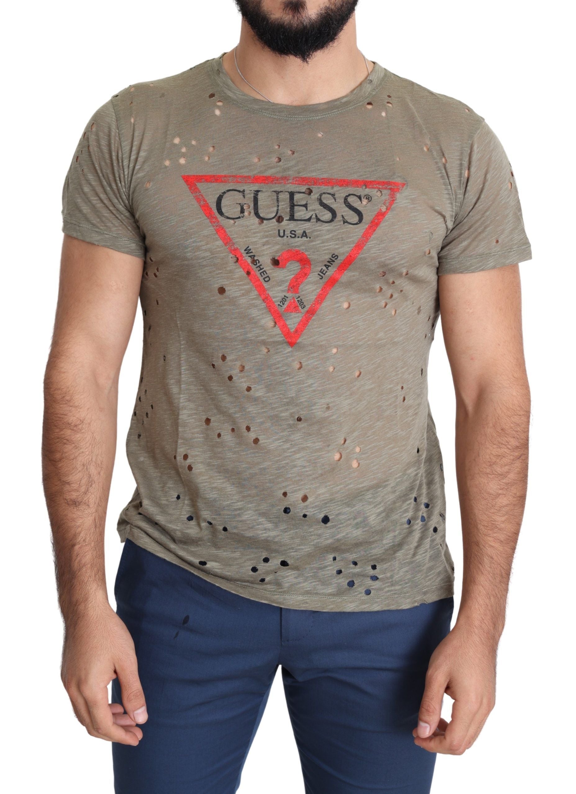 Braunes Baumwoll-Stretch-T-Shirt mit Logodruck für Männer Casual Perforated T-Shirt