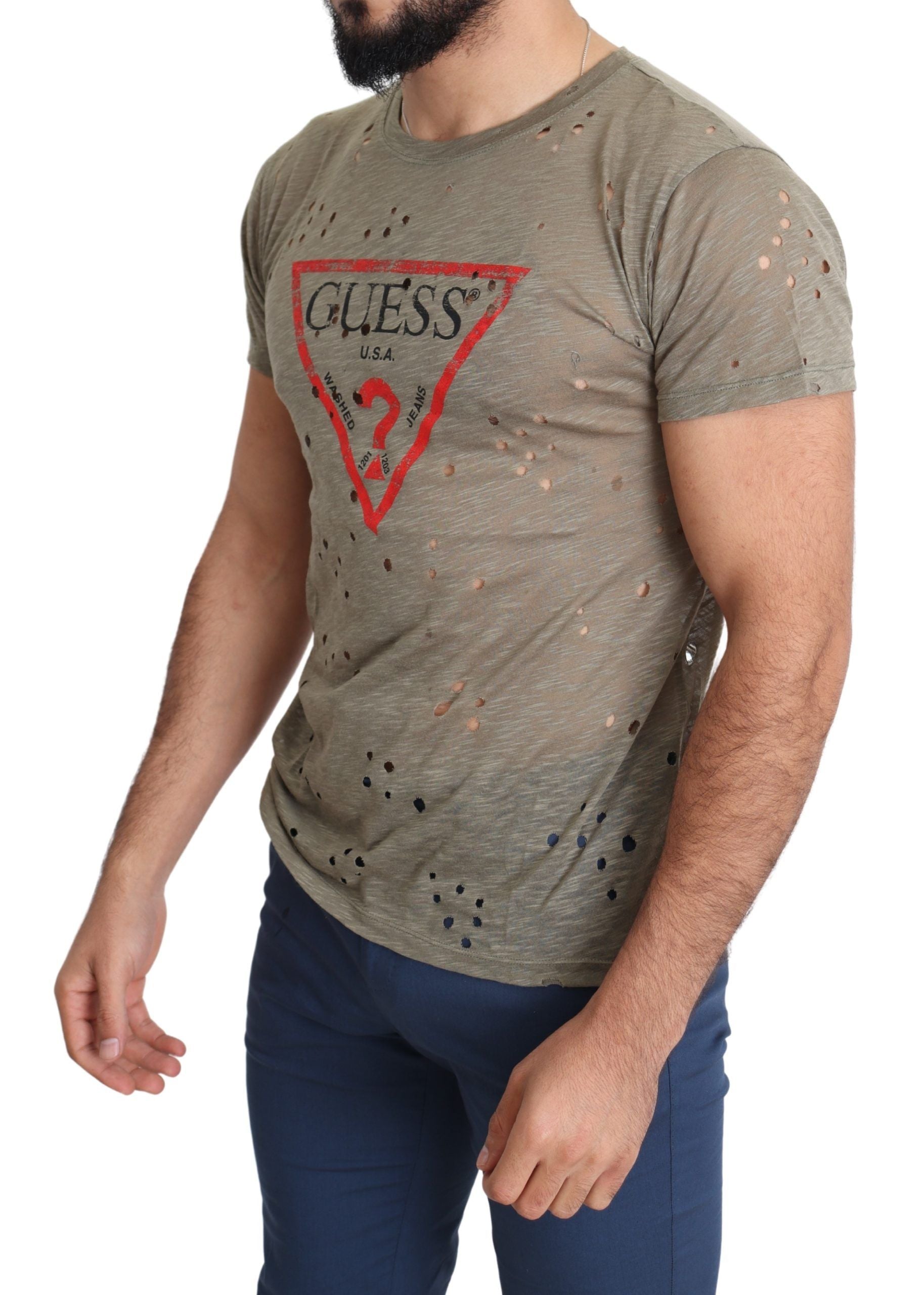 Braunes Baumwoll-Stretch-T-Shirt mit Logodruck für Männer Casual Perforated T-Shirt