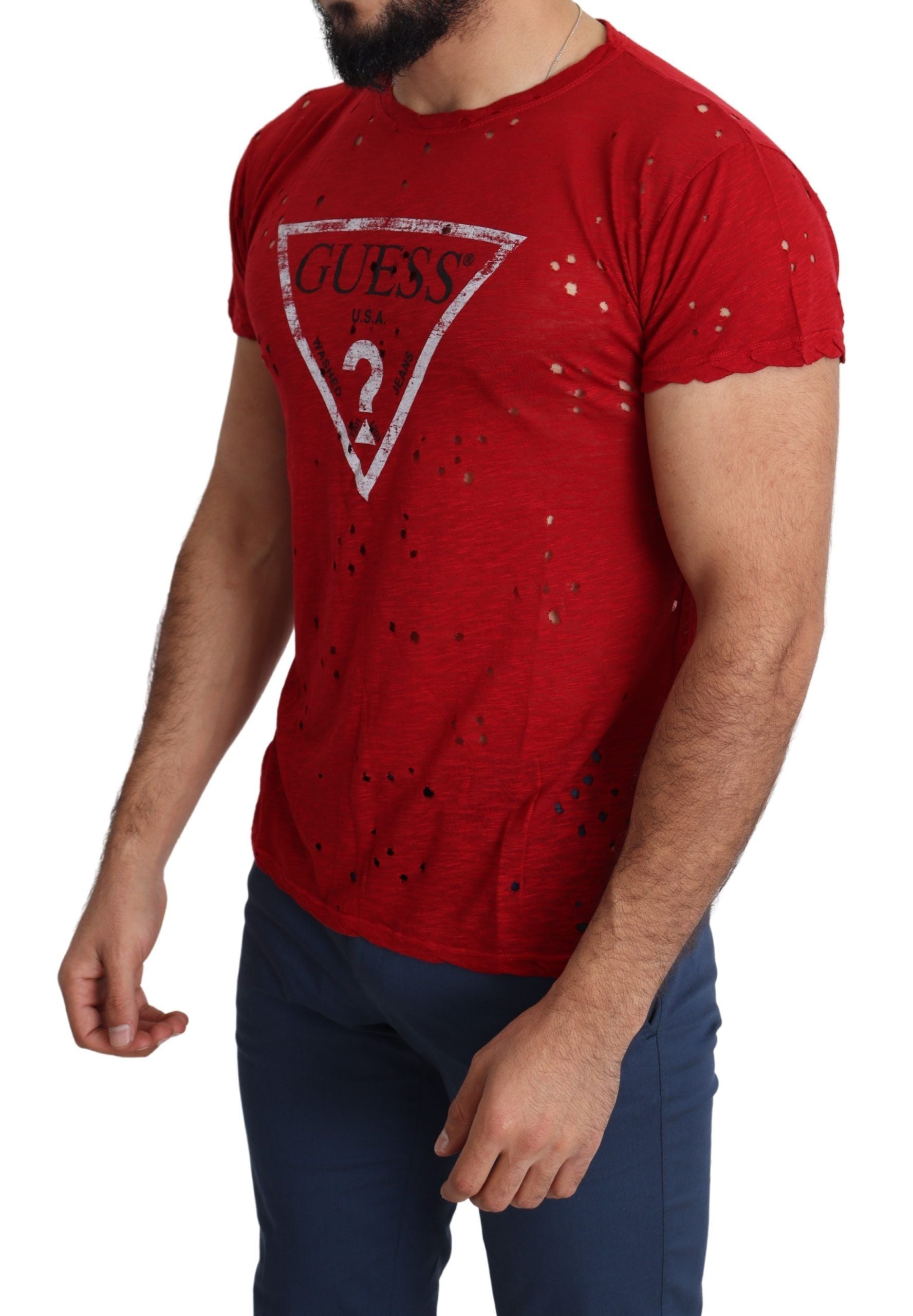 Rotes Baumwoll-Logo Print Männer Casual Top Perforiertes T-Shirt