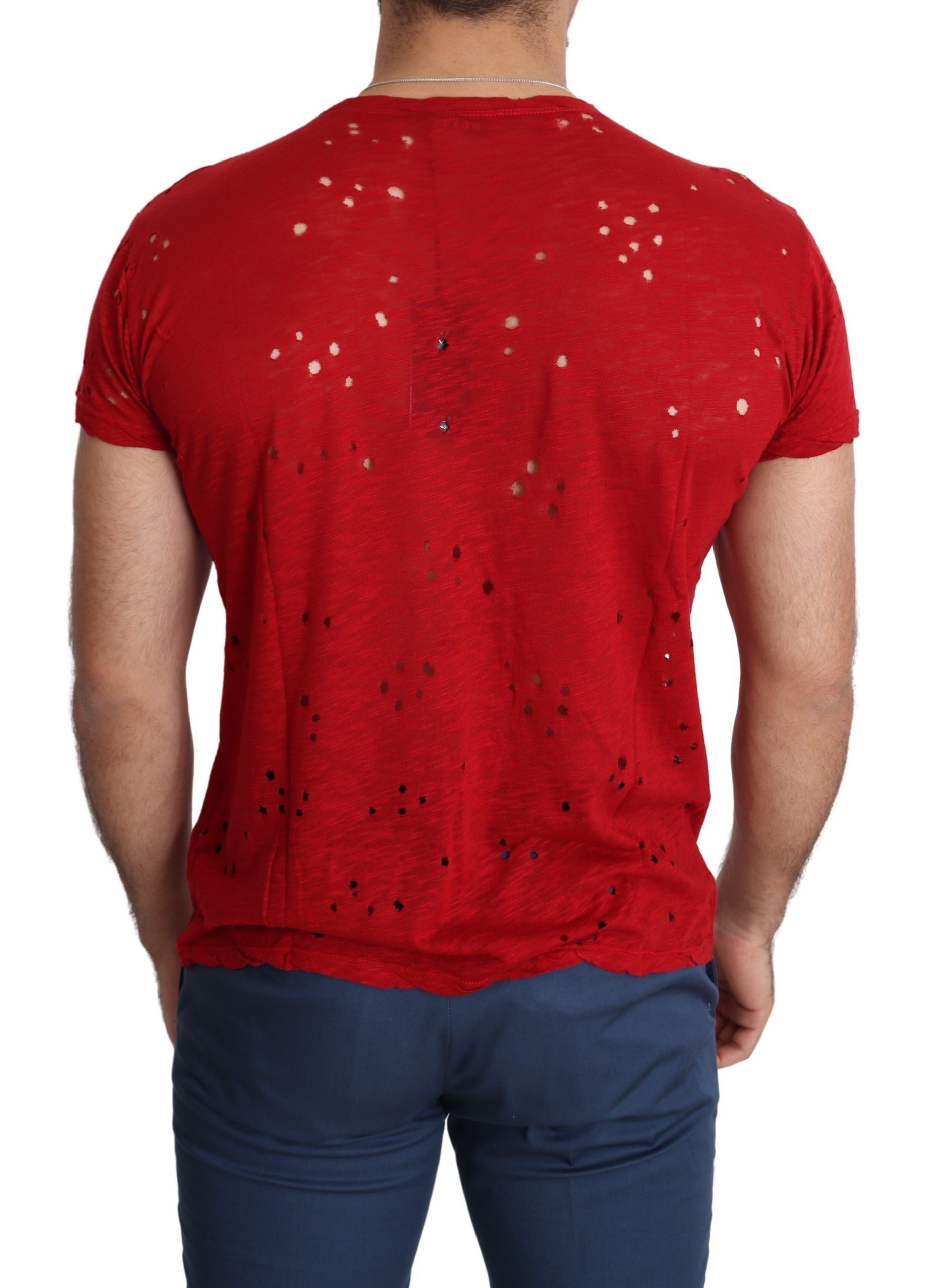Rotes Baumwoll-Logo Print Männer Casual Top Perforiertes T-Shirt