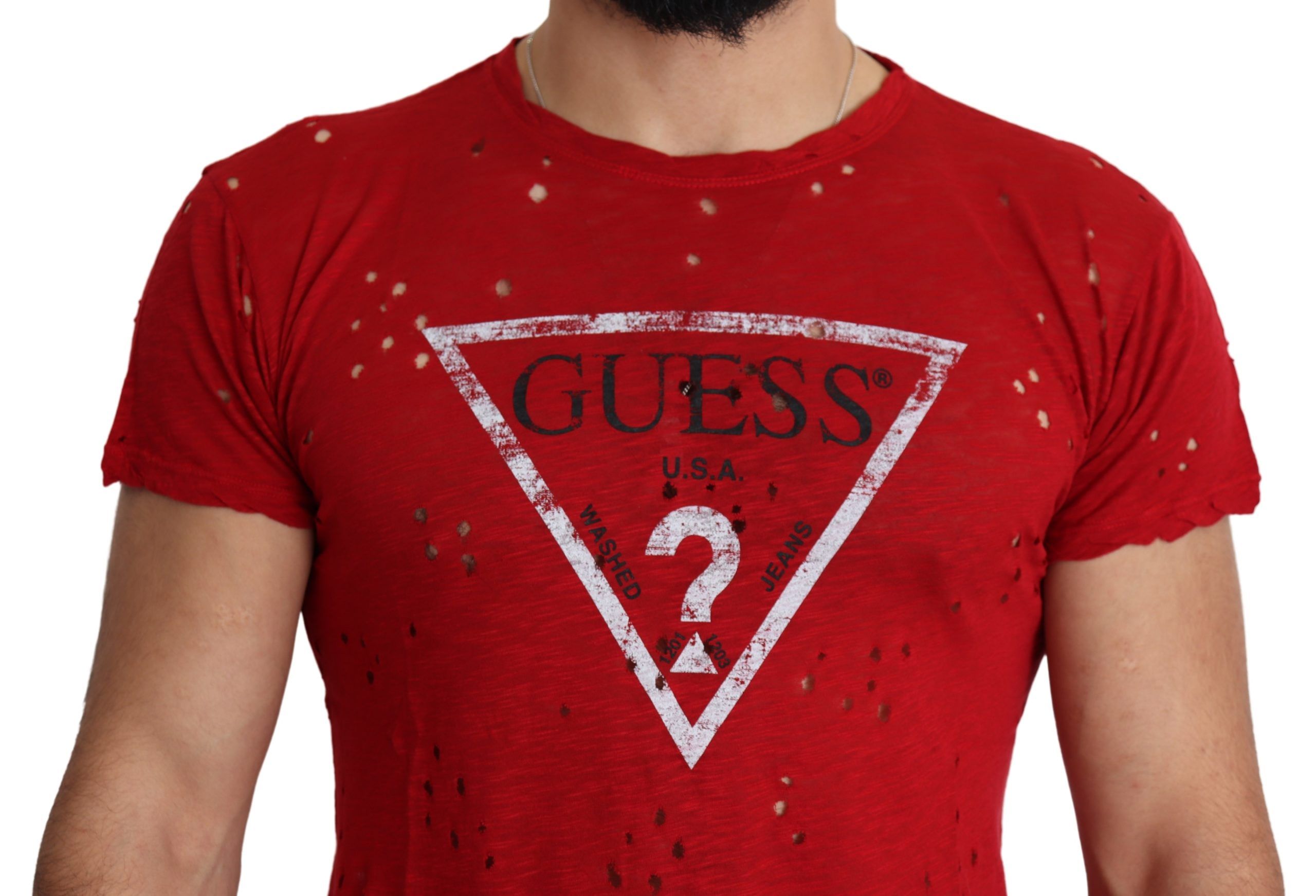Rotes Baumwoll-Logo Print Männer Casual Top Perforiertes T-Shirt