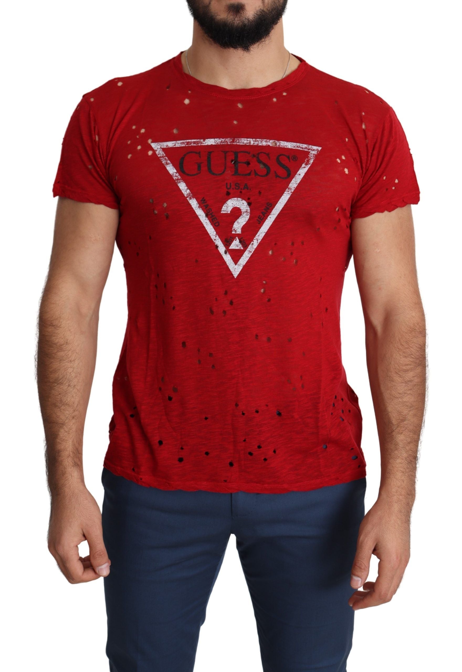 Rotes Baumwoll-Logo Print Männer Casual Top Perforiertes T-Shirt