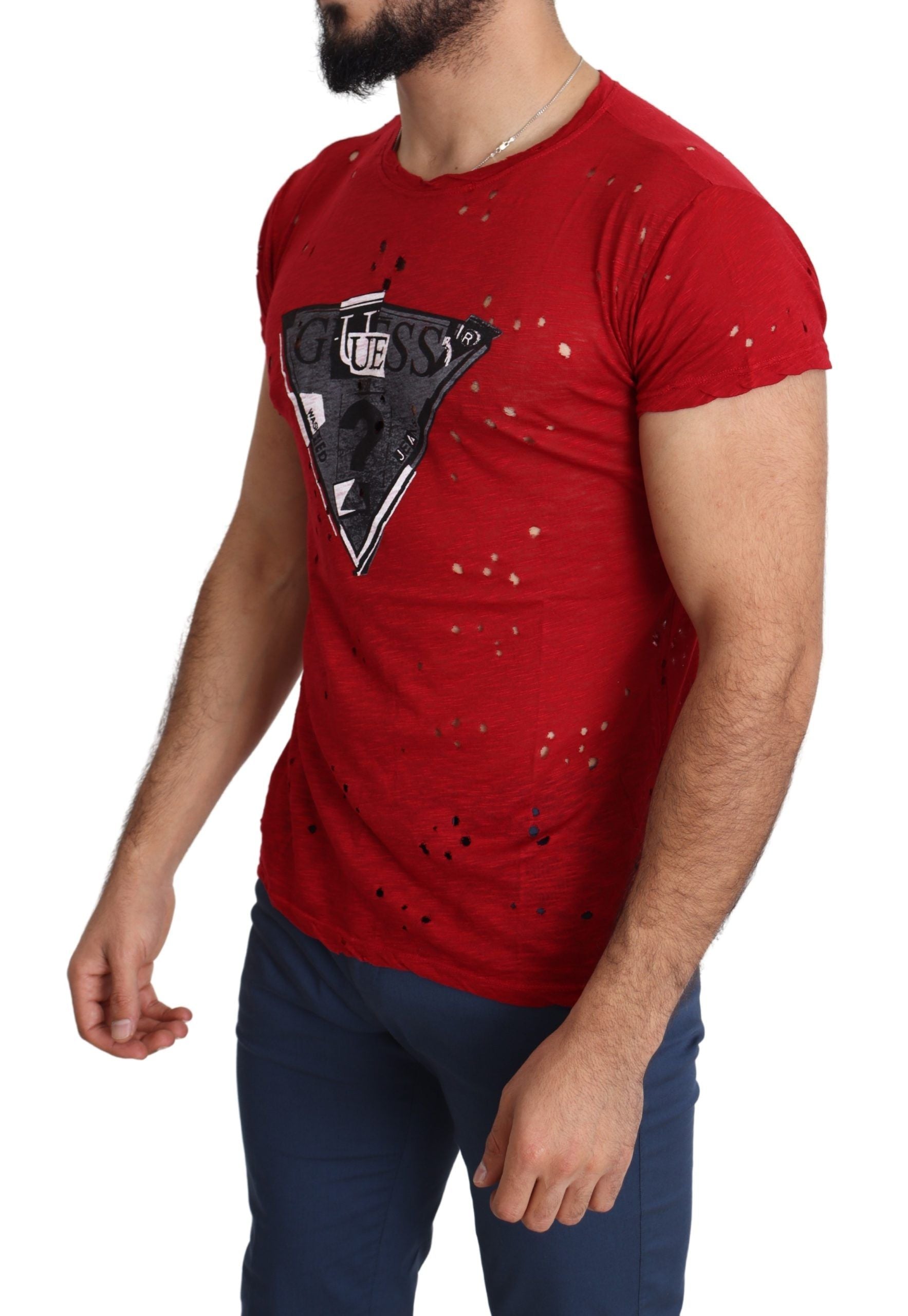 Rotes Baumwoll-Logo Print Männer Casual Top Perforiertes T-Shirt