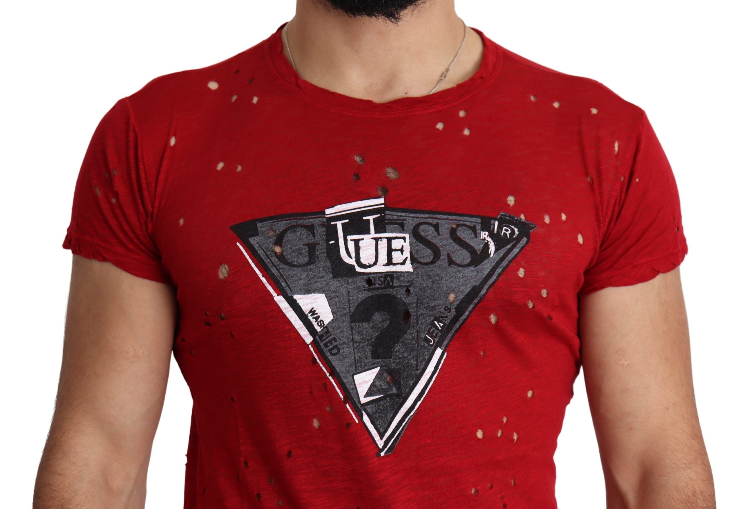 Rotes Baumwoll-Logo Print Männer Casual Top Perforiertes T-Shirt