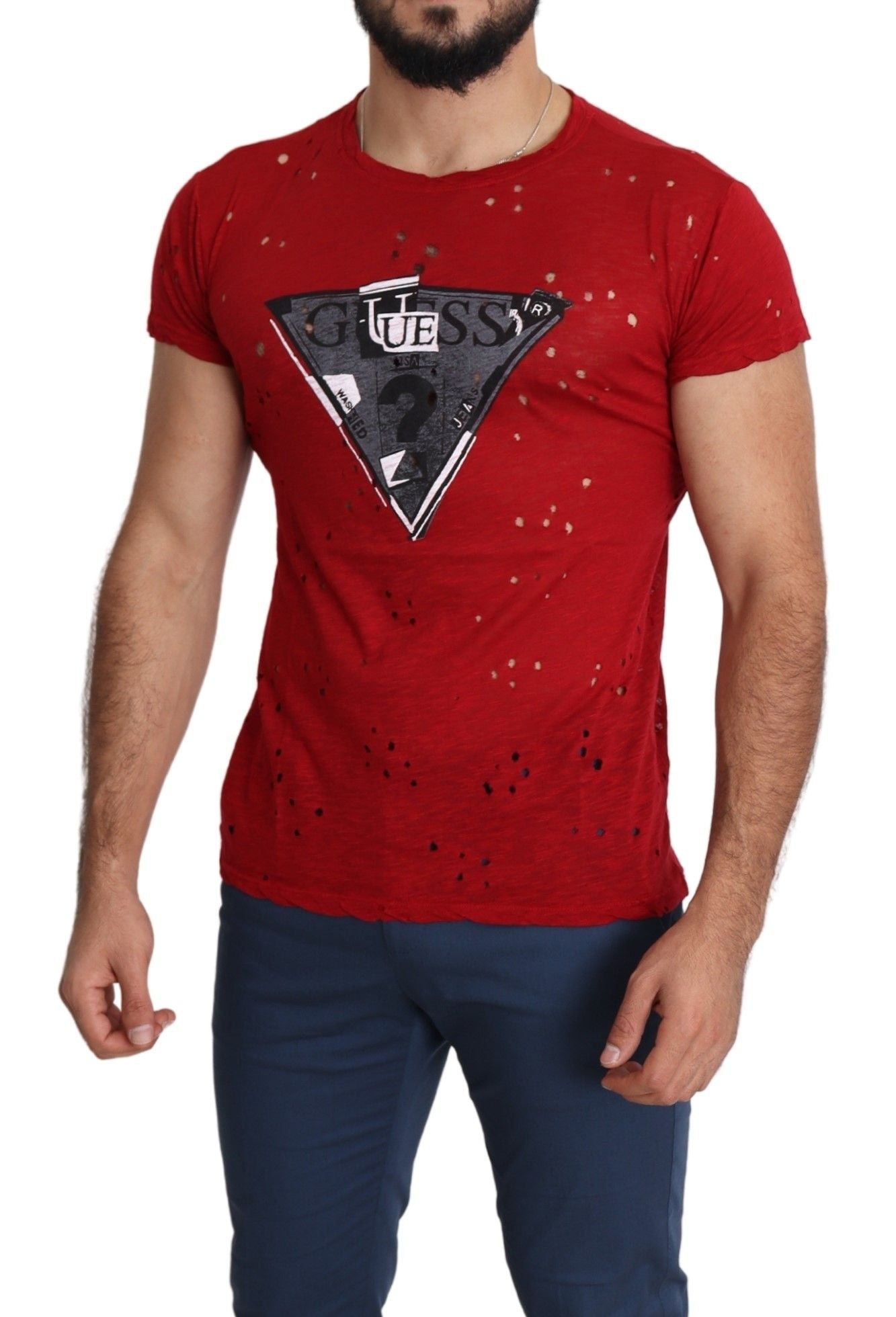 Rotes Baumwoll-Logo Print Männer Casual Top Perforiertes T-Shirt