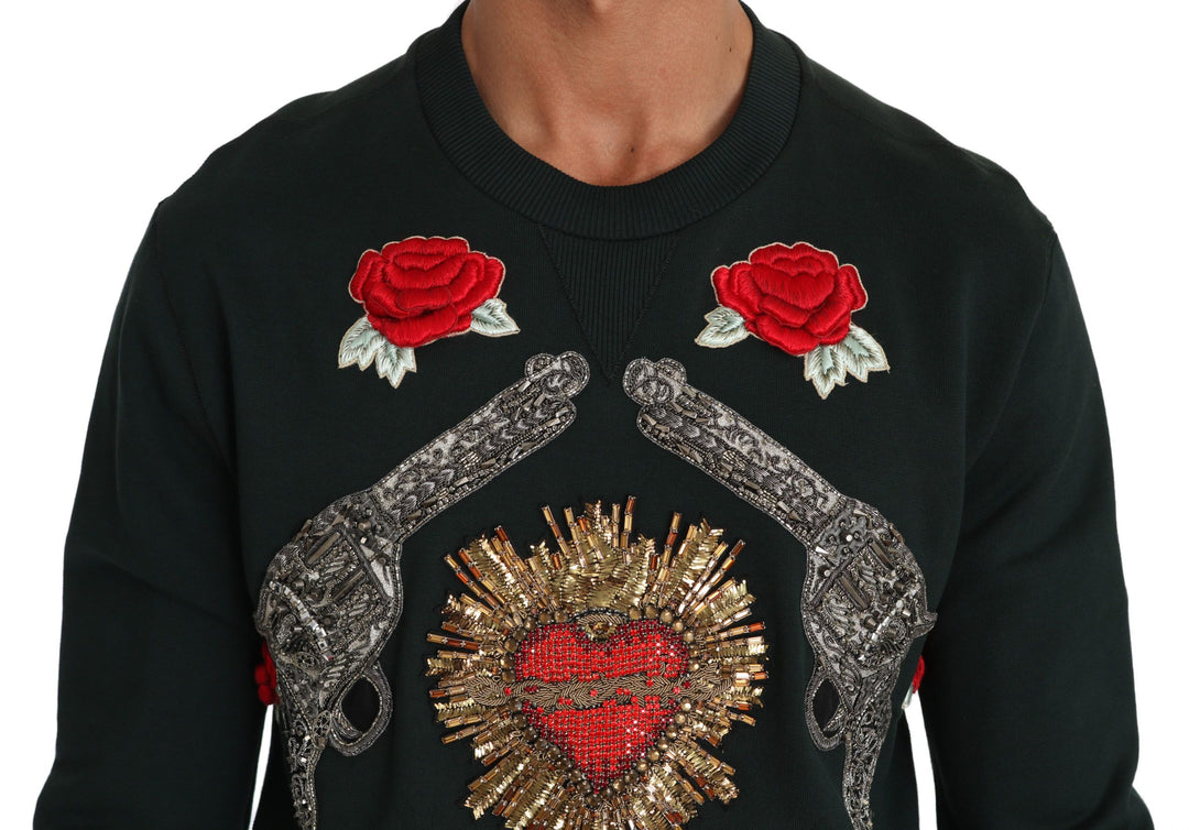 Emerald green cotton sweater with crystal embroidery