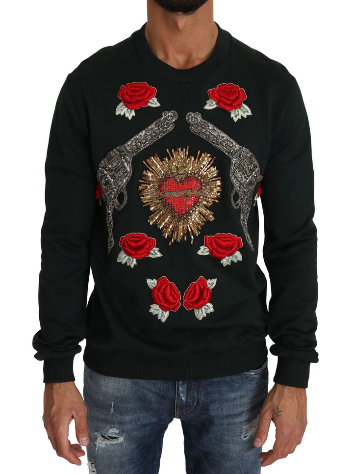 Emerald green cotton sweater with crystal embroidery