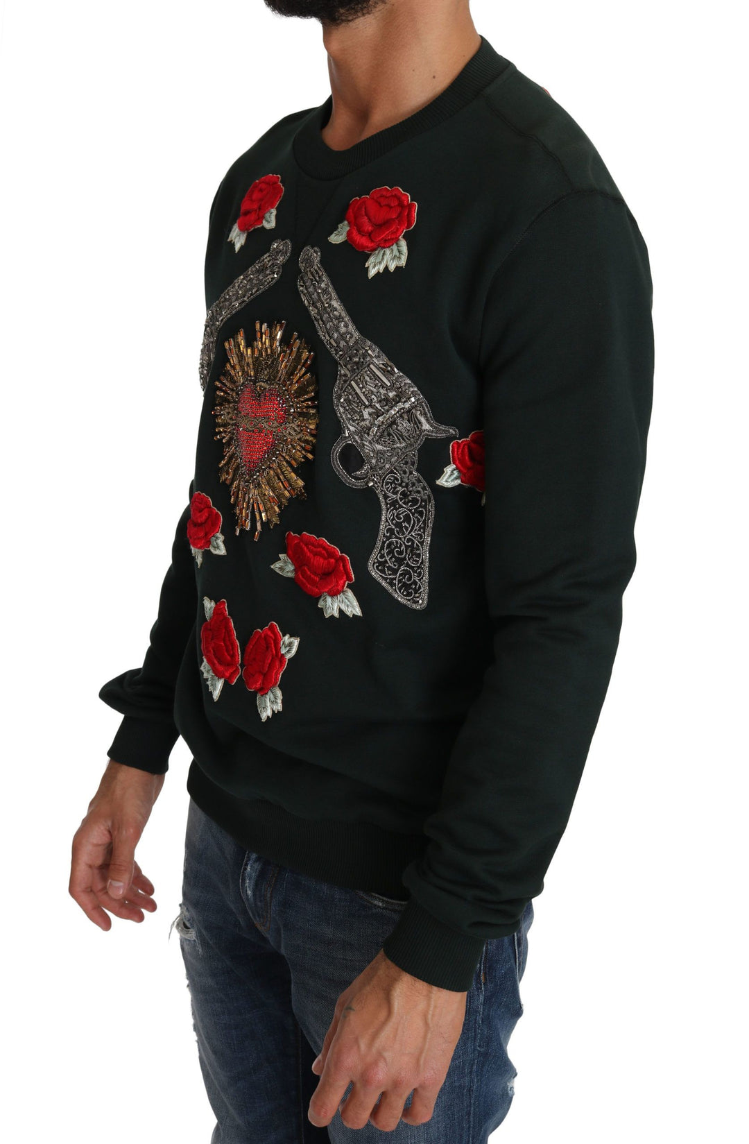 Emerald green cotton sweater with crystal embroidery