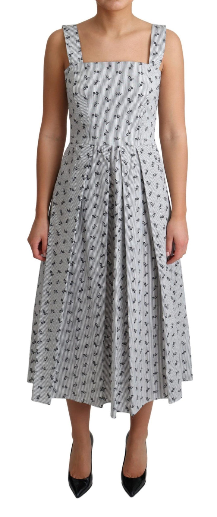 Elegantes gestreiftes Kleid mit Blumenmuster in A-Linie