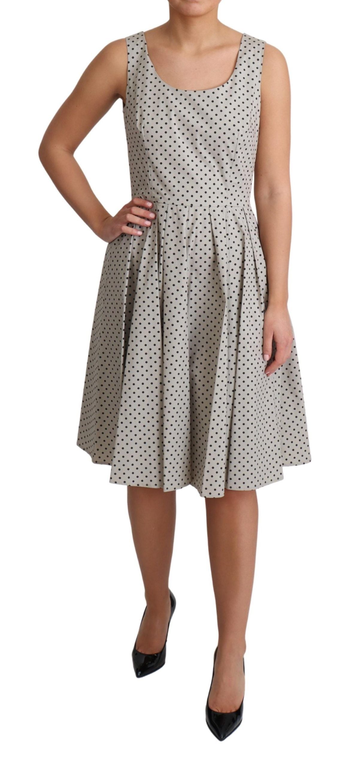 Polka dot beige sleeveless A-line dress