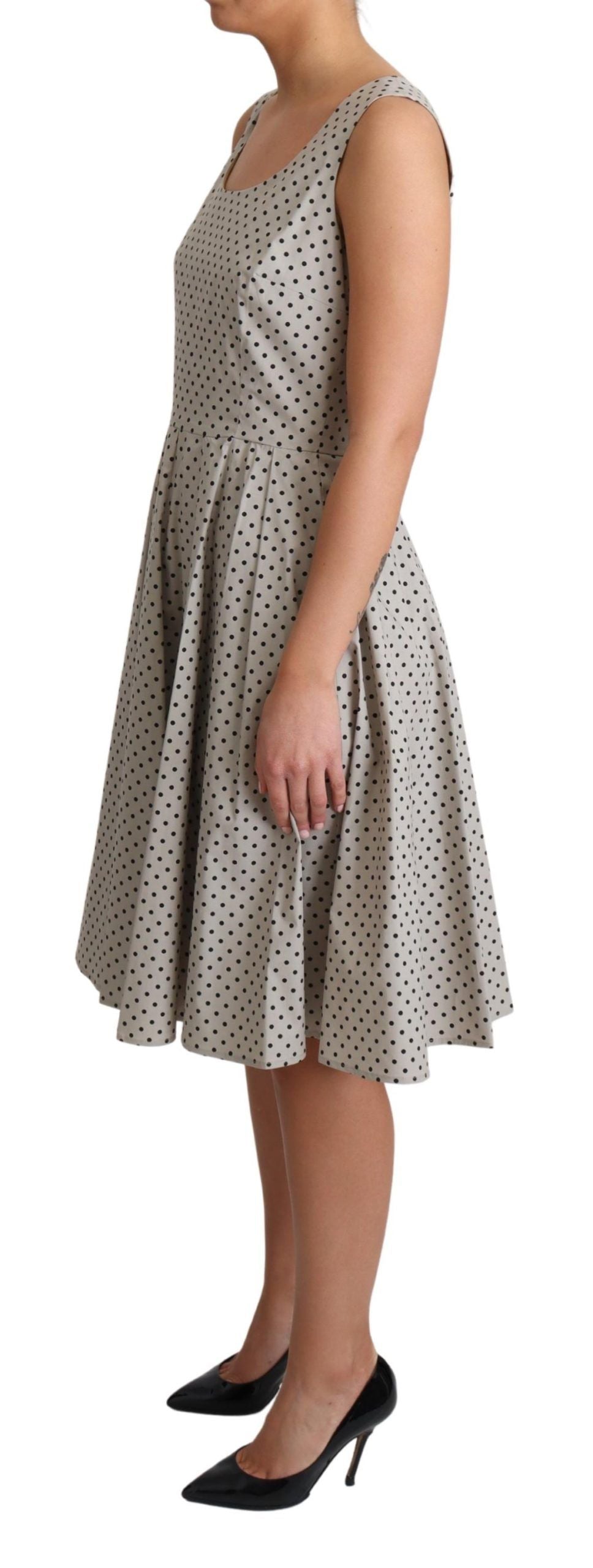 Polka dot beige sleeveless A-line dress