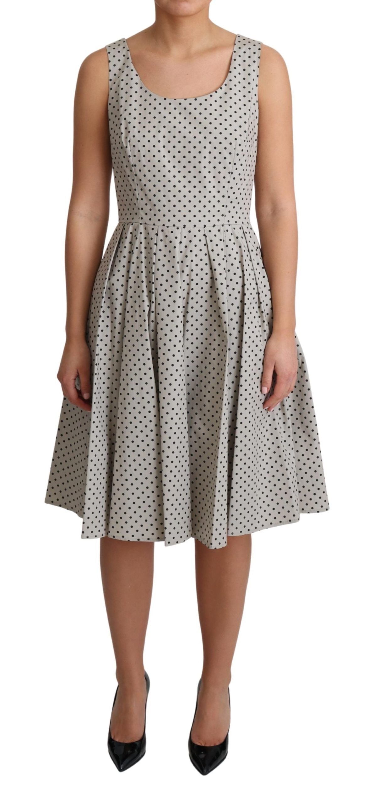 Polka dot beige sleeveless A-line dress