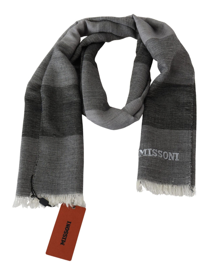 Elegant striped wool scarf with logo embroidery