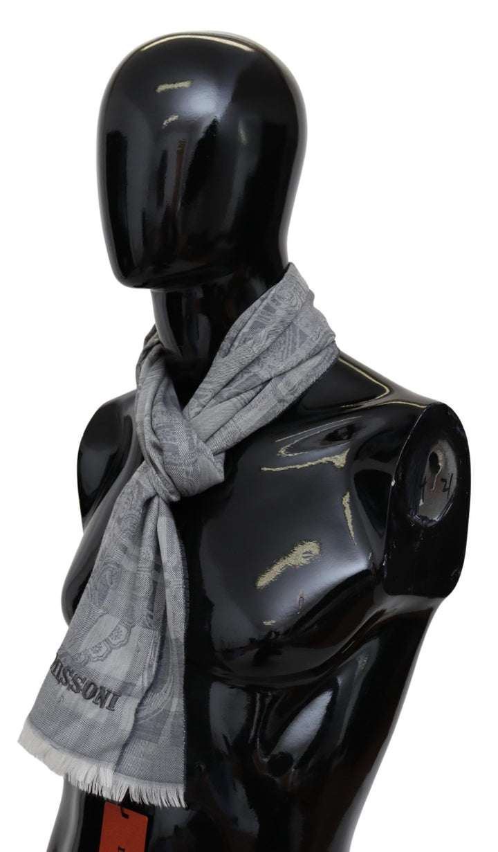 Chic grey unisex wool scarf with logo embroidery