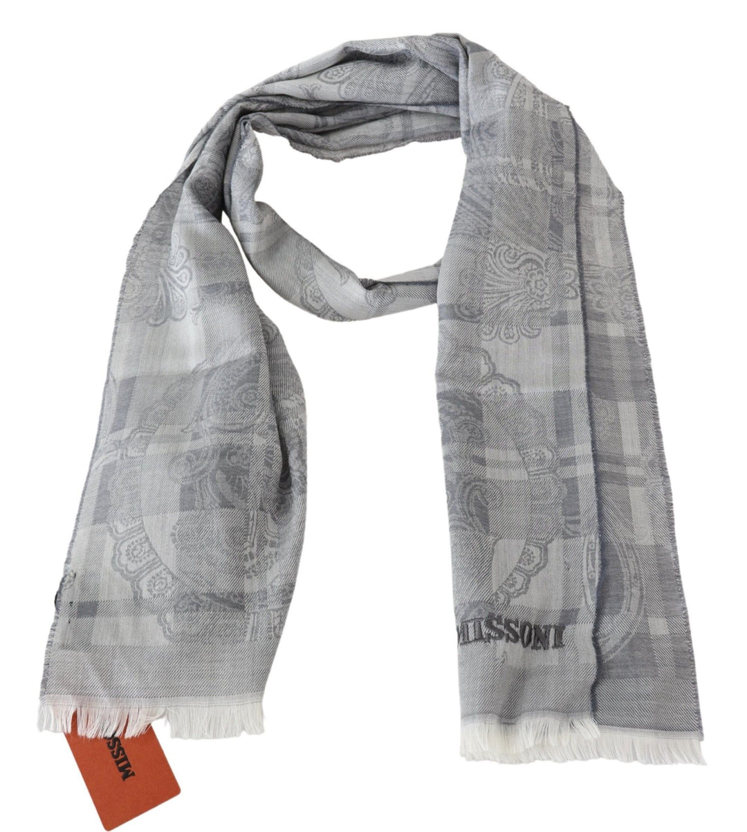 Chic grey unisex wool scarf with logo embroidery