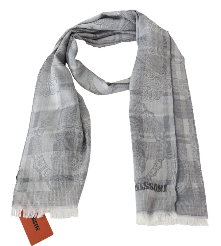 Chic grey unisex wool scarf with logo embroidery