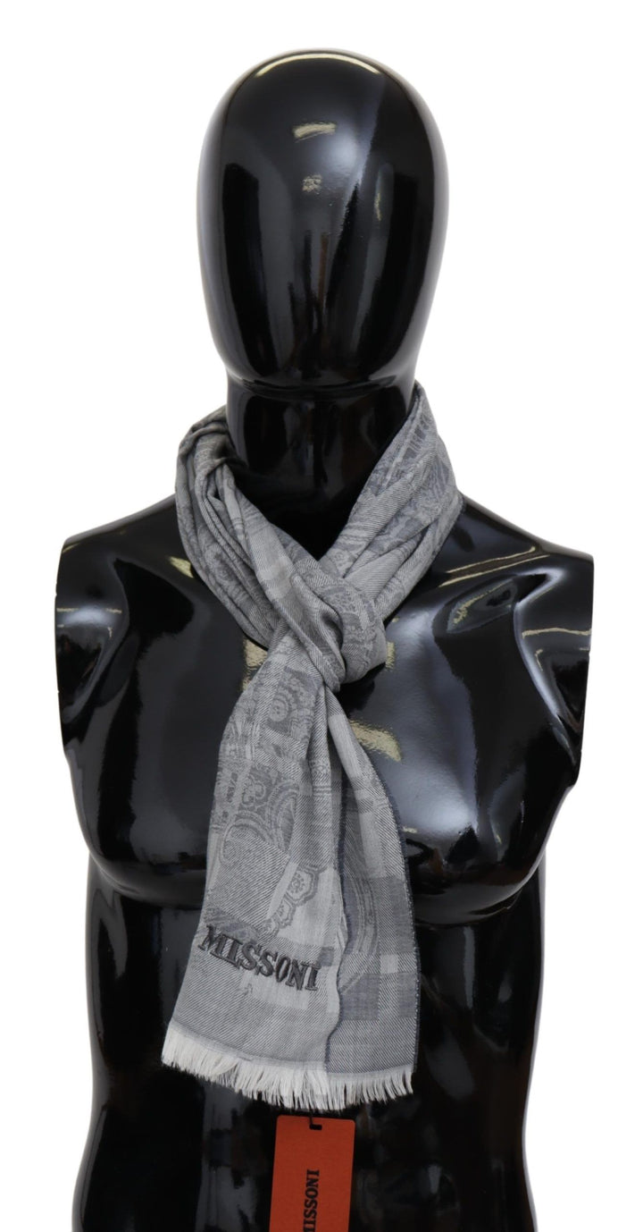 Chic grey unisex wool scarf with logo embroidery