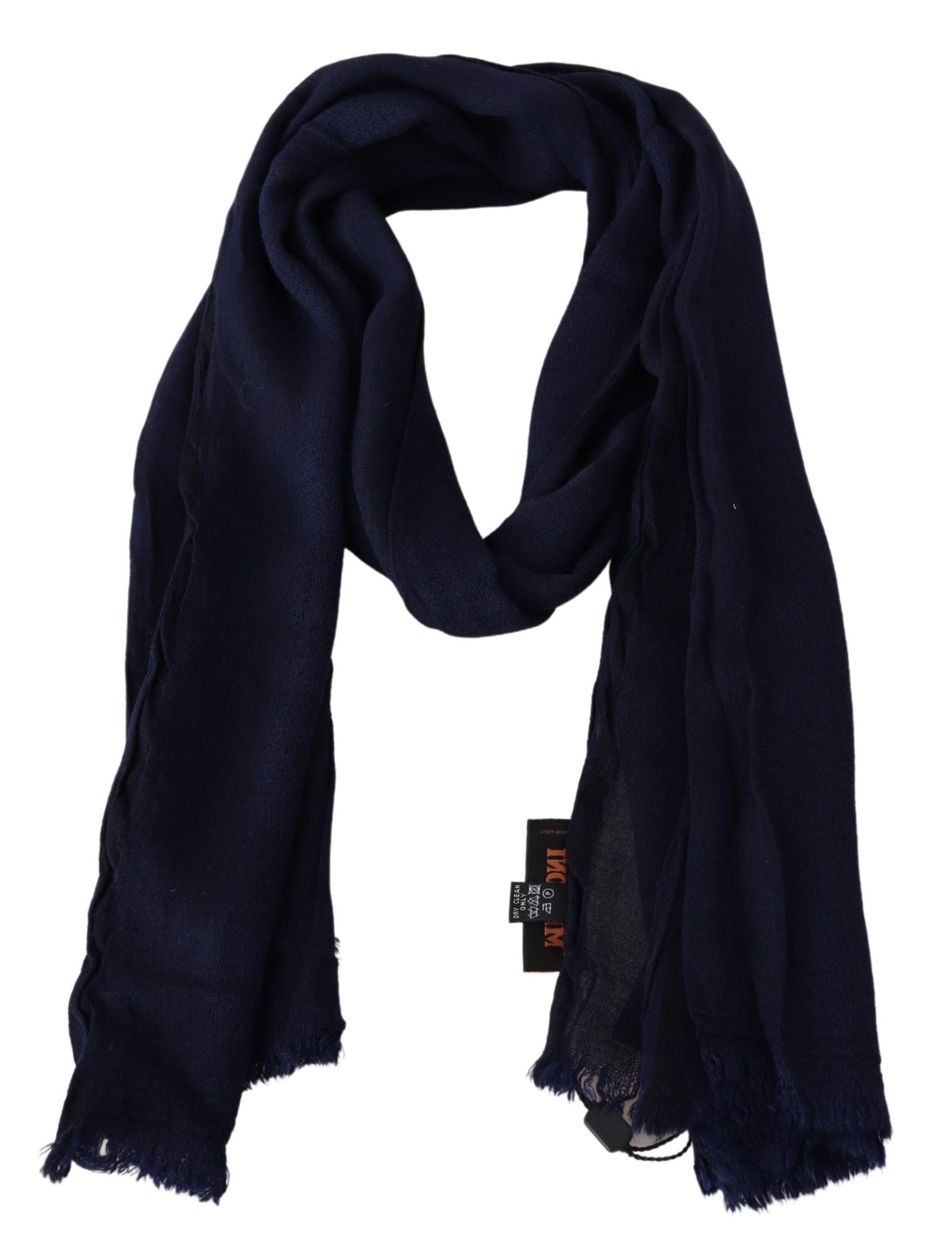 Elegant blue wool scarf with embroidered logo