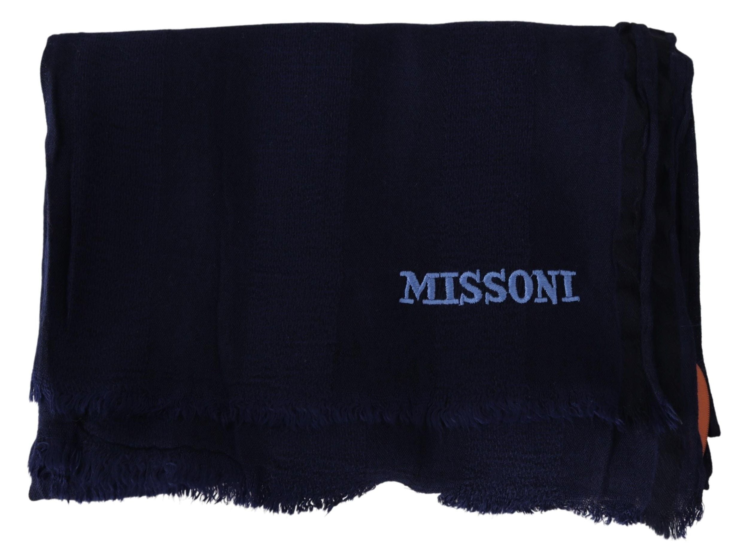 Elegant blue wool scarf with embroidered logo
