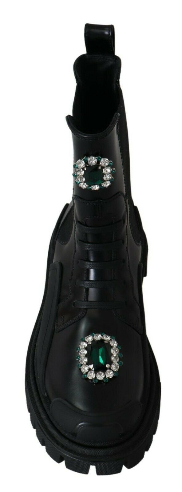 Dolce & Gabbana Elegante schwarze Leder-Kampfstiefel mit Kristall-Detail