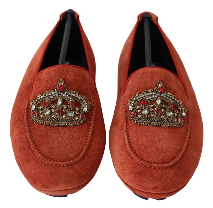 Dolce & Gabbana Opulente orangefarbene Loafers aus Leder mit Goldstickerei