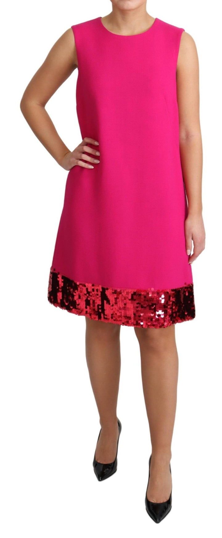 Dolce & Gabbana Elegantes Fuchsia Pailletten-Shiftkleid aus Wollmischung