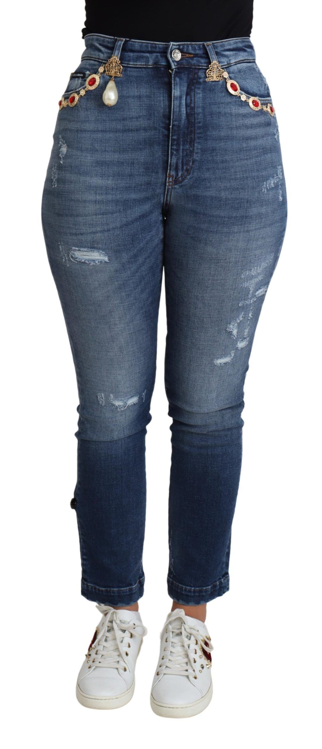 Verzierte Skinny Denim Jeans mit hoher Taille