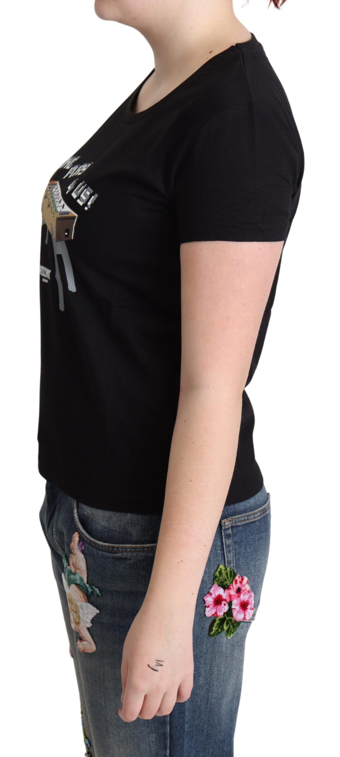 Schwarzes Baumwoll-T-Shirt Come Play 4 Us Print Tops