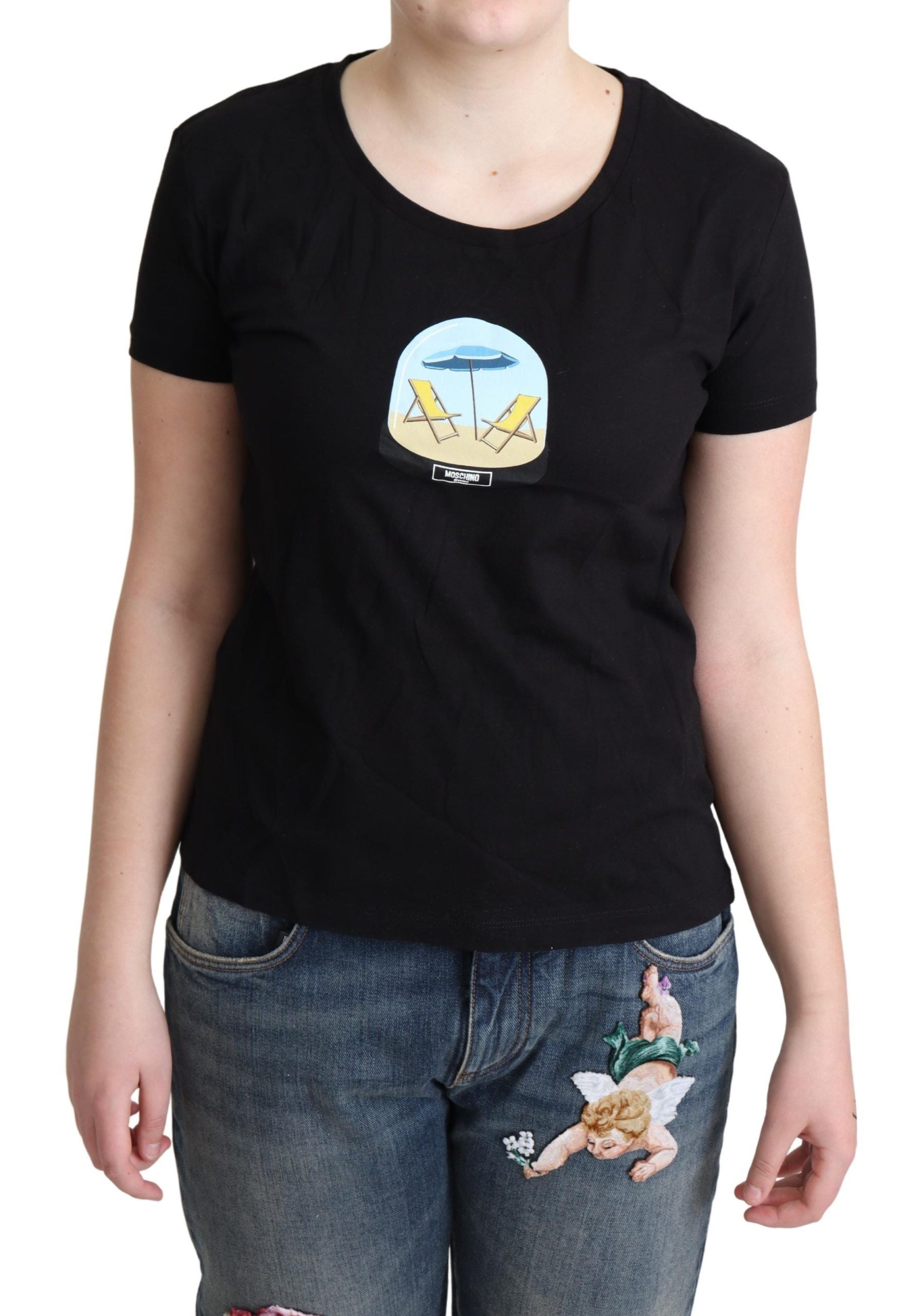 Schwarzes bedrucktes Baumwoll-T-Shirt mit kurzen Ärmeln